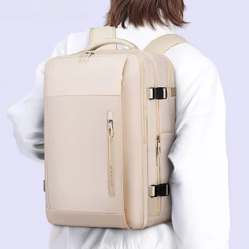 Wasserdichter Rucksack von Bange für Laptops bis 15,6 Zoll, ideal für Städtetrips, 46 x 31,5 x 20 cm, für Arbeit und Flugreisen, für Damen und Herren, mit USB-Anschluss, beige