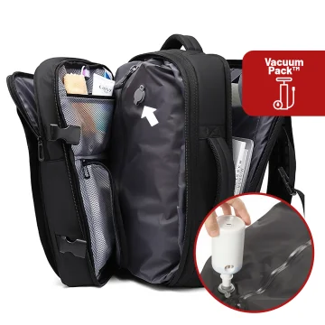 Bange Wasserdichter Laptop-Rucksack für Städtetrips, 46 x 30,5 x 20 cm, erweiterbar für Flugreisen, für Damen und Herren, mit Vakuumfach und Vakuumpumpe, Schwarz