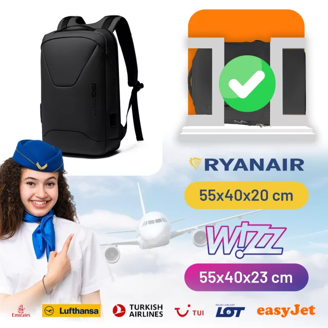 Bange voděodolný batoh na 15,6" notebook, městský cestovatel, 45x30x16 cm, do práce, do letadla, pánské, dámské, s USB portem Černá