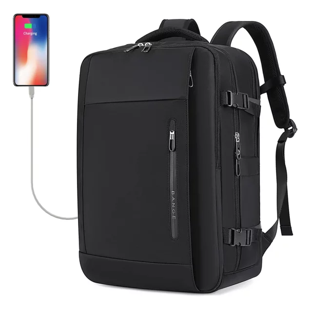Bange wasserdichter Rucksack für 15,6-Zoll-Laptop, Stadtreisender, 45 x 30 x 16 cm, für Arbeit, Flugzeug, Herren, Damen, mit USB-Anschluss Schwarz