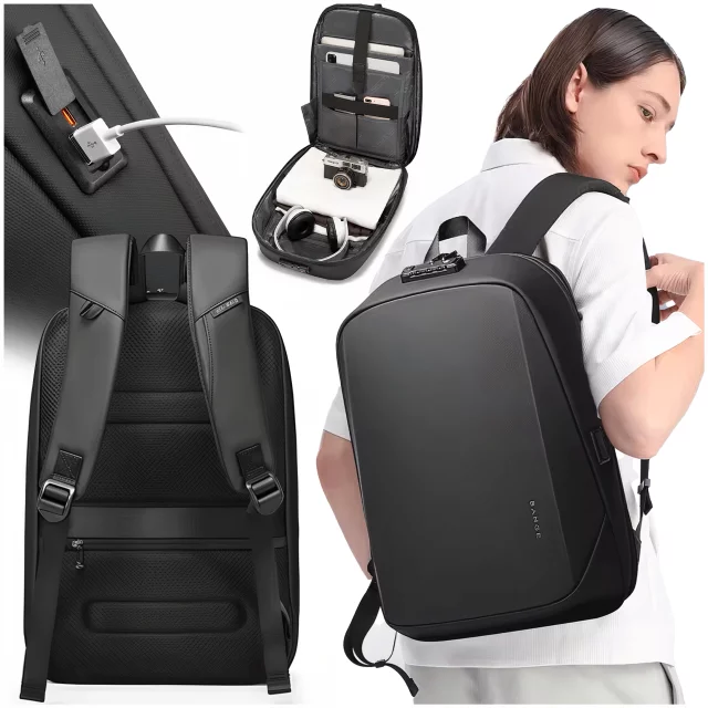 Bange Wasserdichter Rucksack für 15,6-Zoll-Laptop, Reisen, 47 x 30 x 12,5 cm, für Arbeit, Schule, Flugzeug, Herren und Damen, USB, Diebstahlschutz, TSA-Code, Schwarz