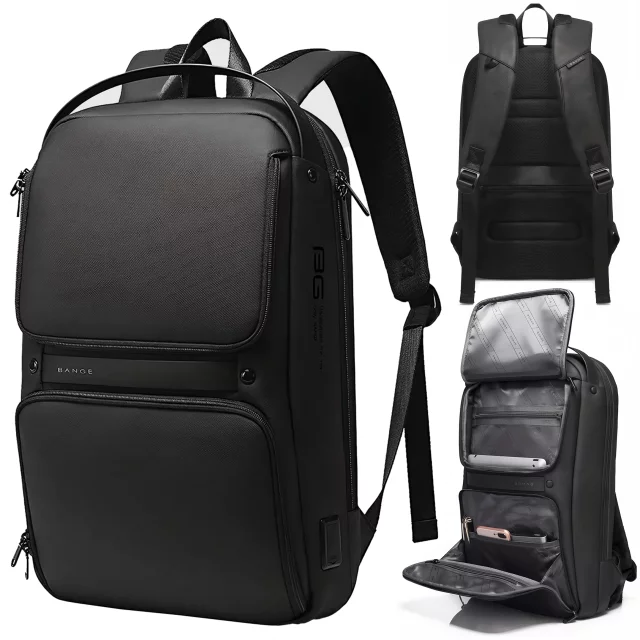 Bange Waterproof Backpack Laptop Bag 15.6" Travel Accessories 48x30x12.5 cm for Work School Plane Men's Women's USB and USB-C Black