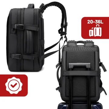 Bange Waterproof Laptop Backpack for City Travel 46x30.5x20 cm with the possibility of expansion for work on an airplane for men and women with a vacuum compartment and a vacuum pump Black