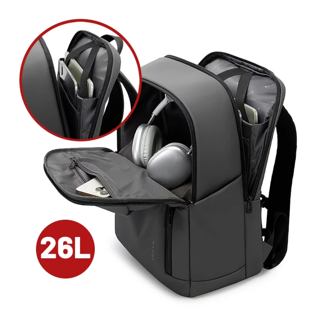 Voděodolný batoh Bange 26L pro notebooky do 15,6" – prostorný a pohodlný, odolný a prodyšný, do města i na cesty, do práce i do letadla, unisex – šedý