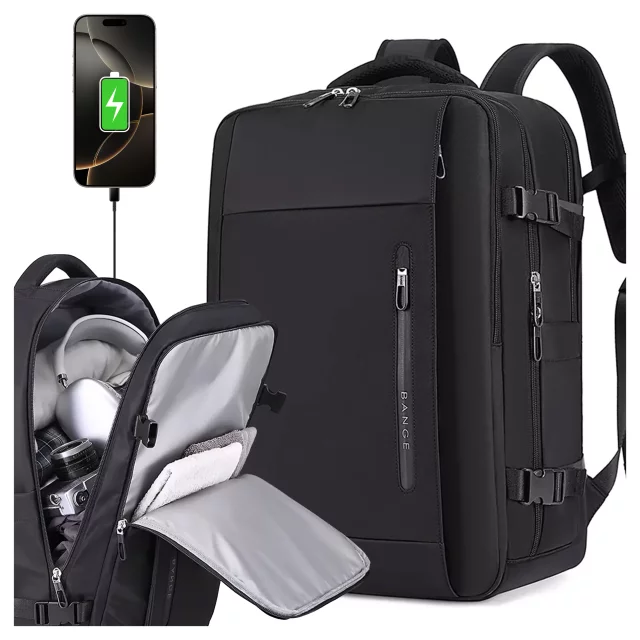 Bange wasserdichter Rucksack für 15,6-Zoll-Laptop, Stadtreisender, 45 x 30 x 16 cm, für Arbeit, Flugzeug, Herren, Damen, mit USB-Anschluss Schwarz