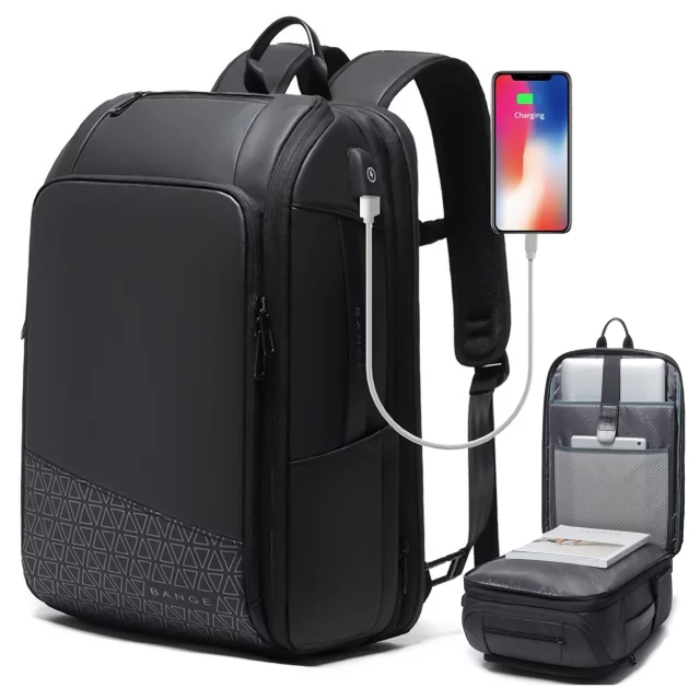 Bange wasserdichter Rucksack für 15,6-Zoll-Laptop, Stadtreisender, 45 x 30 x 16 cm, für Arbeit, Flugzeug, Herren, Damen, mit USB-Anschluss Schwarz