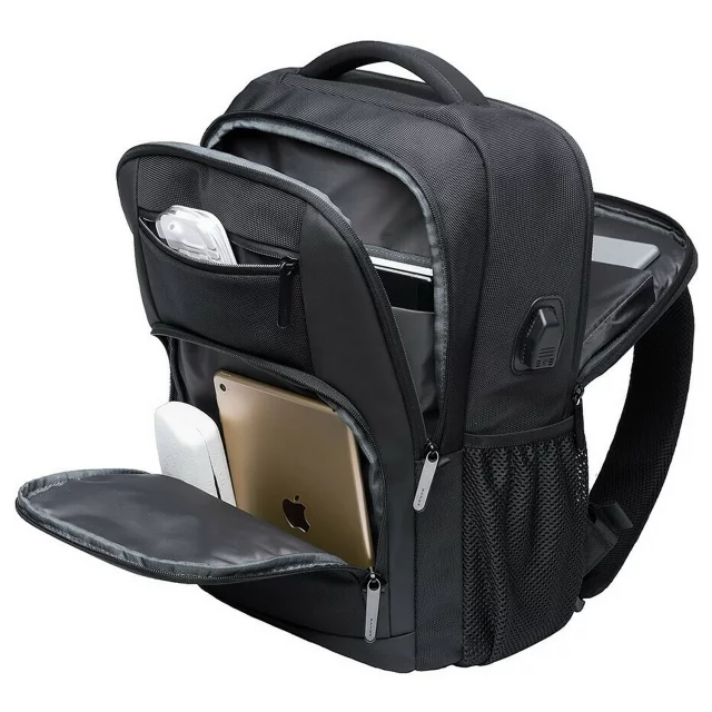 Bange wasserdichter Rucksack für 15,6-Zoll-Laptop, Stadtreisender, 45 x 30 x 16 cm, für Arbeit, Flugzeug, Herren, Damen, mit USB-Anschluss Schwarz