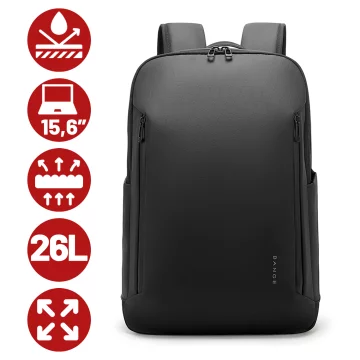 Voděodolný batoh Bange 26L pro notebooky do 15,6" – prostorný a pohodlný, odolný a prodyšný, do města i na cesty, do práce i do letadla, unisex – černý