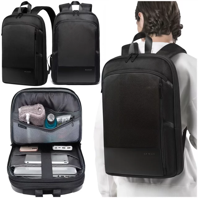 Bange Wasserdichter Rucksack, Laptoptasche, 17 Zoll, Reise, erweiterbar, 49 x 33 x 6 cm, für Arbeit, Schule, Flugzeug, Herren, Damen, Schwarz