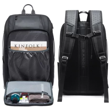 Wasserdichter Rucksack von Bange für Laptops bis 15,6 Zoll, ideal für Städtetrips, 49 x 31 x 18 cm, erweiterbar für Arbeit und Flugreisen, für Damen und Herren, mit USB-Anschluss, Schwarz