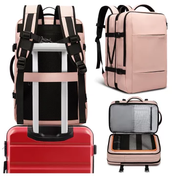 Bange Waterproof Backpack for Laptop 15.6" City Travel 47x31x15-25 cm for Work Airplane Men's Women's with USB Port Pink
