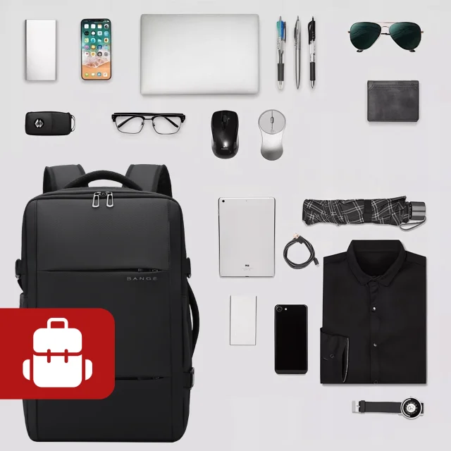 Bange Waterproof Laptop Backpack for City Travel 46x30.5x20 cm with the possibility of expansion for work on an airplane for men and women with a vacuum compartment and a vacuum pump Black