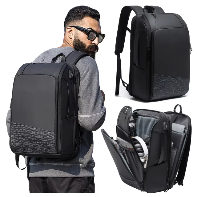 Wasserdichter Rucksack von Bange für Laptops bis 15,6 Zoll, ideal für Städtetrips, 49 x 31 x 18 cm, erweiterbar für Arbeit und Flugreisen, für Damen und Herren, mit USB-Anschluss, Schwarz
