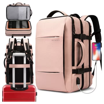 Bange Waterproof Backpack for Laptop 15.6" City Travel 47x31x15-25 cm for Work Airplane Men's Women's with USB Port Pink
