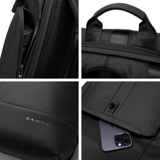 Bange Wasserdichter Rucksack für Laptops bis 15,6 Zoll, 43 x 30 x 18 cm, ideal für Stadt, Reisen, Arbeit und Flugreisen, für Damen und Herren, Schwarz