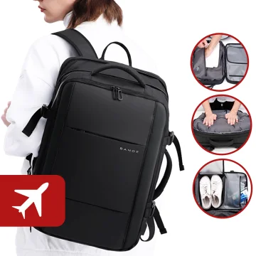 Bange Waterproof Laptop Backpack for City Travel 46x30.5x20 cm with the possibility of expansion for work on an airplane for men and women with a vacuum compartment and a vacuum pump Black