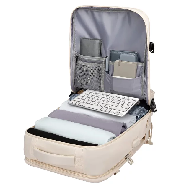 Wasserdichter Rucksack von Bange für Laptops bis 15,6 Zoll, ideal für Städtetrips, 46 x 31,5 x 20 cm, für Arbeit und Flugreisen, für Damen und Herren, mit USB-Anschluss, beige