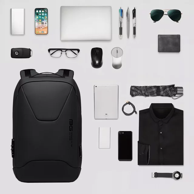 Voděodolný batoh Bange s ochranou proti krádeži na 15,6" notebook, cestování po městě, 46x30x15 cm do práce, do letadla, pánský, dámský, s USB portem a kombinačním zámkem, černý