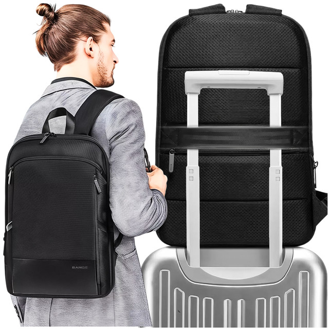 Bange Wasserdichter Rucksack, Laptoptasche, 17 Zoll, Reise, erweiterbar, 49 x 33 x 6 cm, für Arbeit, Schule, Flugzeug, Herren, Damen, Schwarz