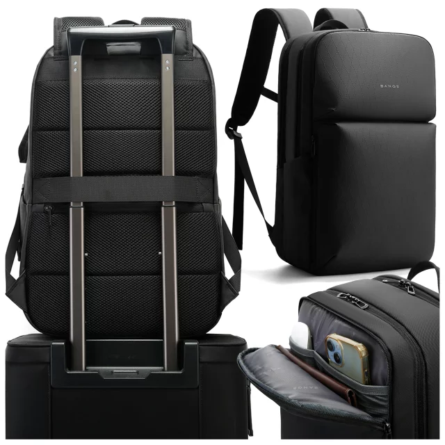 Bange wasserdichter Rucksack für 15,6-Zoll-Laptop, Stadtreisender, 45 x 30 x 16 cm, für Arbeit, Flugzeug, Herren, Damen, mit USB-Anschluss Schwarz