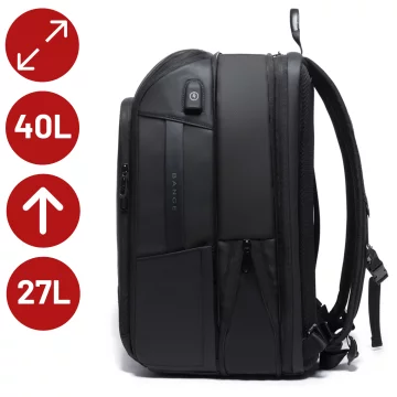Wasserdichter Rucksack von Bange für Laptops bis 15,6 Zoll, ideal für Städtetrips, 49 x 31 x 18 cm, erweiterbar für Arbeit und Flugreisen, für Damen und Herren, mit USB-Anschluss, Schwarz