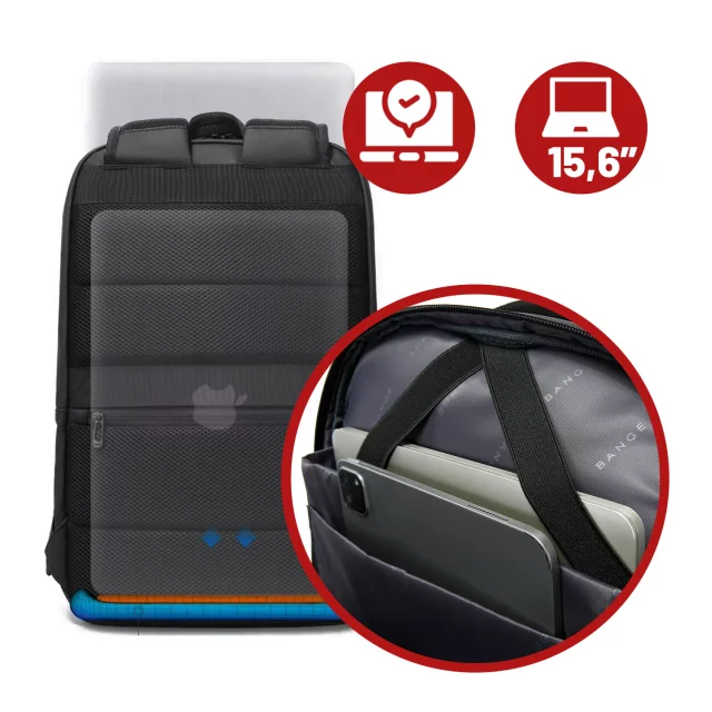 Bange voděodolný batoh na 15,6" notebook, městský cestovatel, 45x30x16 cm, do práce, do letadla, pánské, dámské, s USB portem Černá