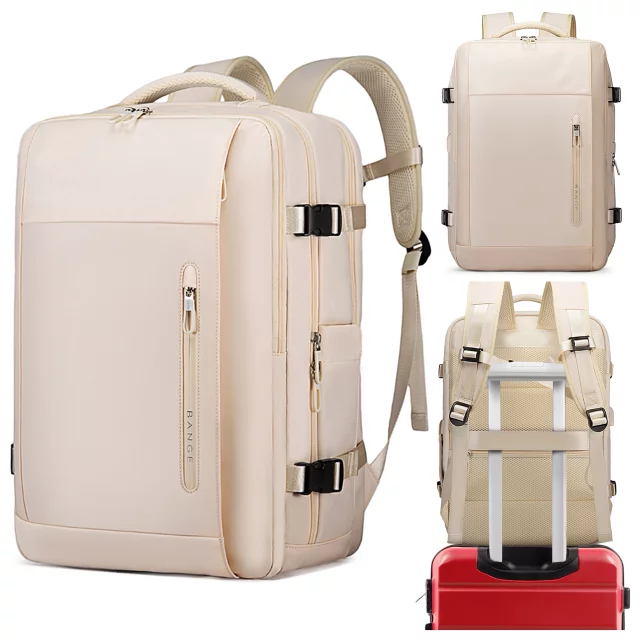 Voděodolný batoh Bange na notebook 15,6", cestovní, 46x31,5x20 cm, do práce, do letadla, pánský, dámský, s USB portem, béžový