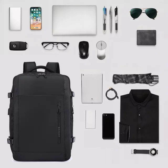 Bange wasserdichter Rucksack für 15,6-Zoll-Laptop, Stadtreisender, 45 x 30 x 16 cm, für Arbeit, Flugzeug, Herren, Damen, mit USB-Anschluss Schwarz