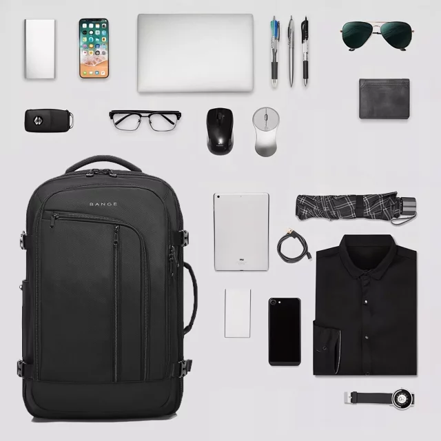 Bange wasserdichter Rucksack für 15,6-Zoll-Laptop, Stadtreisender, 45 x 30 x 16 cm, für Arbeit, Flugzeug, Herren, Damen, mit USB-Anschluss Schwarz