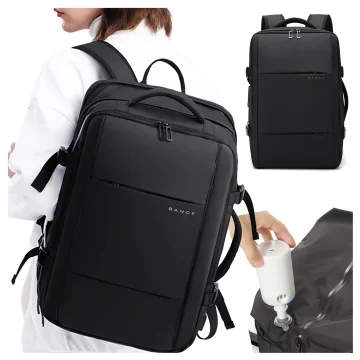 Bange Waterproof Laptop Backpack for City Travel 46x30.5x20 cm with the possibility of expansion for work on an airplane for men and women with a vacuum compartment and a vacuum pump Black