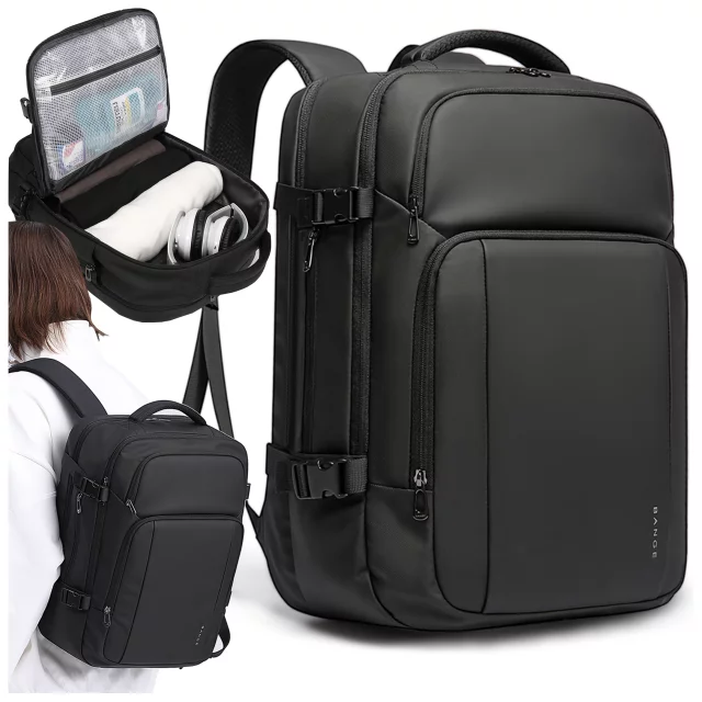 Bange wasserdichter Rucksack für 15,6-Zoll-Laptop, Stadtreisender, 45 x 30 x 16 cm, für Arbeit, Flugzeug, Herren, Damen, mit USB-Anschluss Schwarz