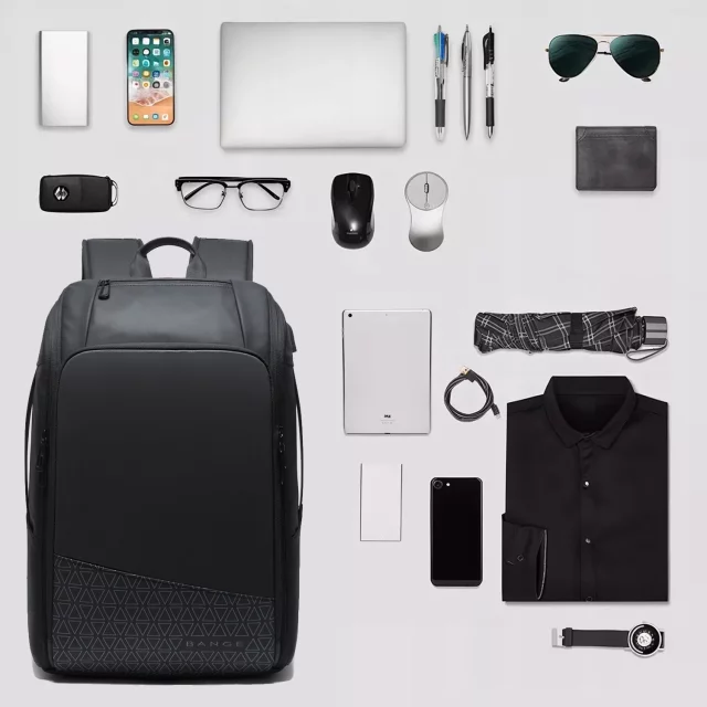 Bange waterproof backpack for a 15.6" laptop, city travel, 49x31x18 cm, expandable for work, airplane, men's, women's, with a USB port, Black