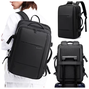 Bange Waterproof Laptop Backpack for City Travel 46x30.5x20 cm with the possibility of expansion for work on an airplane for men and women with a vacuum compartment and a vacuum pump Black