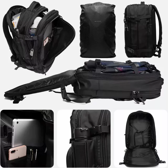 Bange Wasserdichter Rucksack für 15,6-Zoll-Laptop, Stadtreisender, erweiterbar auf 55 x 35 x 21–27 cm, für Flugzeug, Herren, Damen, Vorhängeschloss, Kompass, Flaschenclip, Schwarz