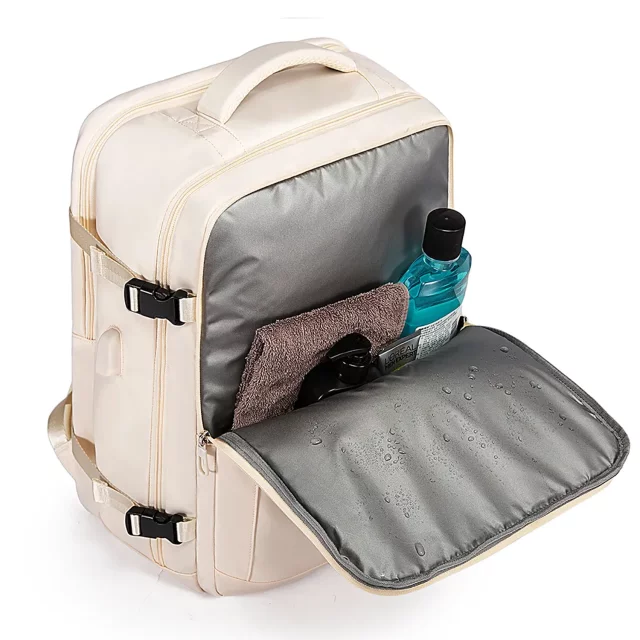 Wasserdichter Rucksack von Bange für Laptops bis 15,6 Zoll, ideal für Städtetrips, 46 x 31,5 x 20 cm, für Arbeit und Flugreisen, für Damen und Herren, mit USB-Anschluss, beige