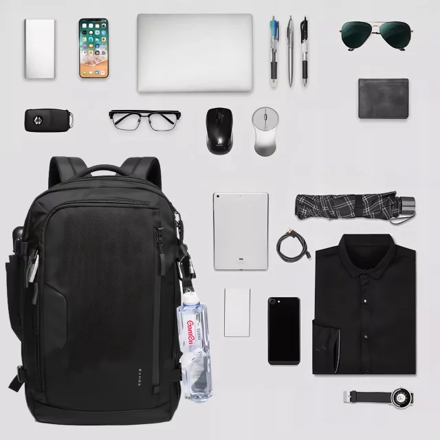 Bange Waterproof Backpack for Laptop 15.6" City Travel Expandable 55 x 35 x 21-27 cm for Airplane Men's Women's Padlock Code Compass Bottle Holder Black