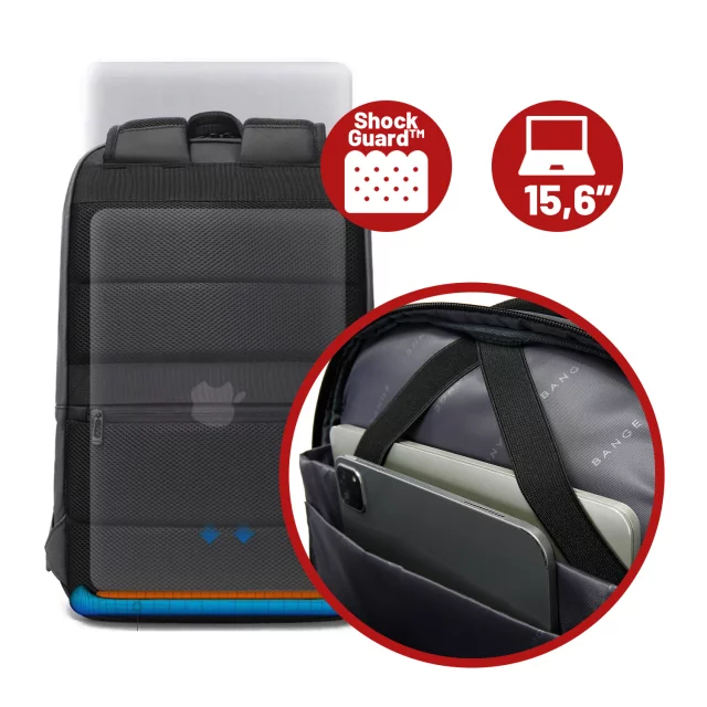 Voděodolný batoh Bange 26L pro notebooky do 15,6" – prostorný a pohodlný, odolný a prodyšný, do města i na cesty, do práce i do letadla, unisex – černý