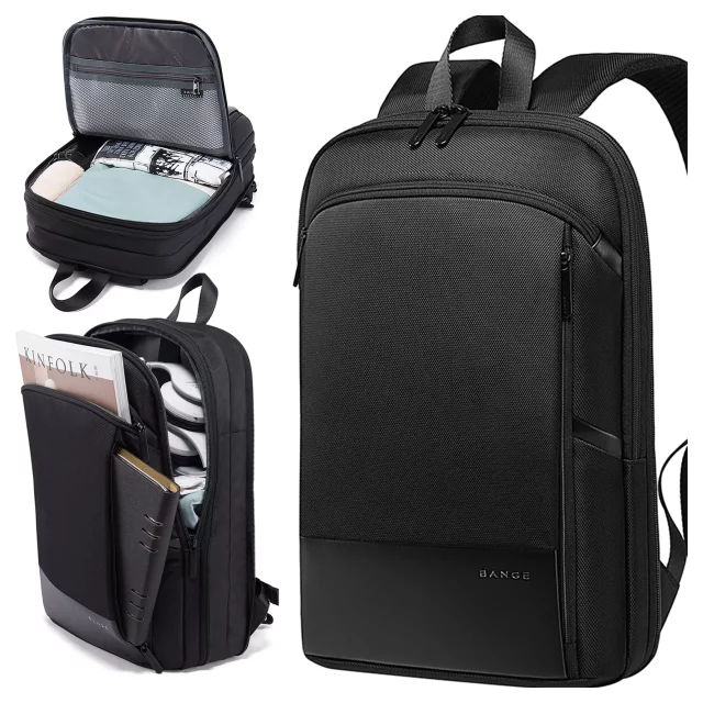 Bange wasserdichter Rucksack für 15,6-Zoll-Laptop, Stadtreisender, 45 x 30 x 16 cm, für Arbeit, Flugzeug, Herren, Damen, mit USB-Anschluss Schwarz