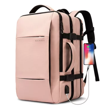Voděodolný batoh Bange na notebook 15,6", městský, cestovní, 47x31x15-25 cm, do práce, do letadla, pánský, dámský, s USB portem, růžový