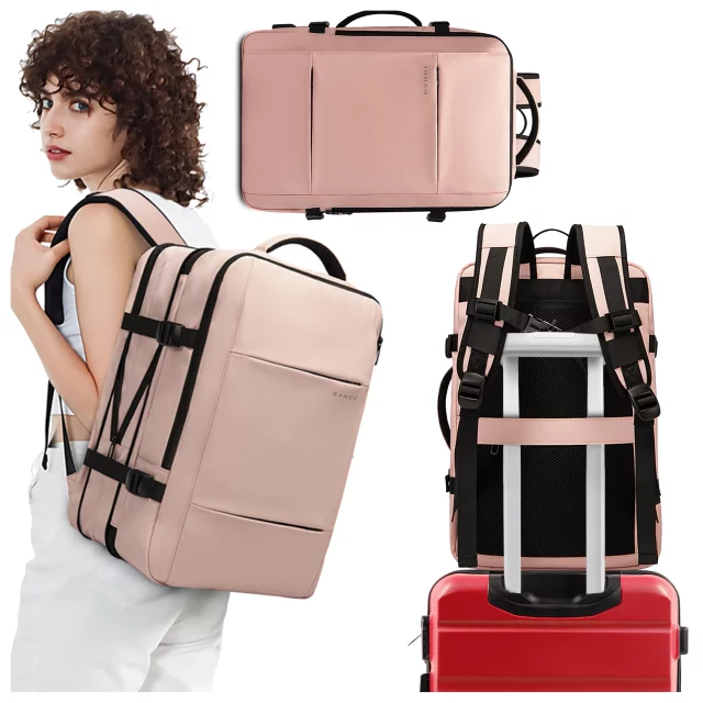 Bange Wasserdichter Rucksack für Laptops bis 15,6 Zoll, 47 x 31 x 15–25 cm, ideal für Stadt und Reisen, Arbeit und Flugreisen, mit USB-Anschluss, Pink, für Damen und Herren
