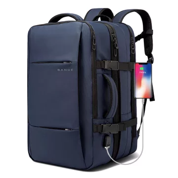 Wasserdichter Rucksack von Bange für Laptops bis 15,6 Zoll, 47 x 31 x 15–25 cm, ideal für Stadt und Reisen, Arbeit und Flugreisen, mit USB-Anschluss, Marineblau