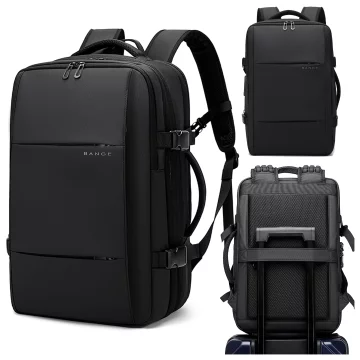 Bange Waterproof Laptop Backpack for City Travel 46x30.5x20 cm with the possibility of expansion for work on an airplane for men and women with a vacuum compartment and a vacuum pump Black