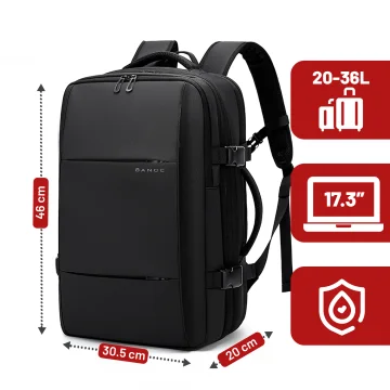 Bange Wasserdichter Laptop-Rucksack für Städtetrips, 46 x 30,5 x 20 cm, erweiterbar für Flugreisen, für Damen und Herren, mit Vakuumfach und Vakuumpumpe, Schwarz