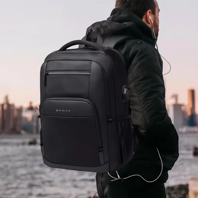 Bange voděodolný batoh na 15,6" notebook, městský cestovatel, 45x30x16 cm, do práce, do letadla, pánské, dámské, s USB portem Černá