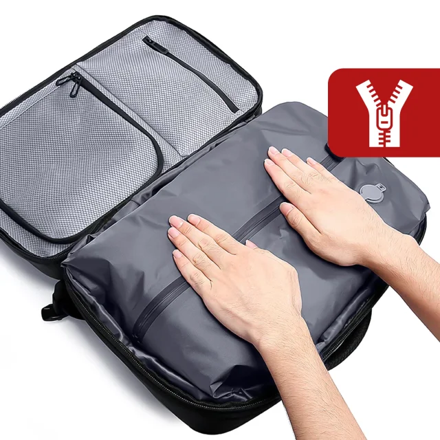 Bange Wasserdichter Laptop-Rucksack für Städtetrips, 46 x 30,5 x 20 cm, erweiterbar für Flugreisen, für Damen und Herren, mit Vakuumfach und Vakuumpumpe, Schwarz