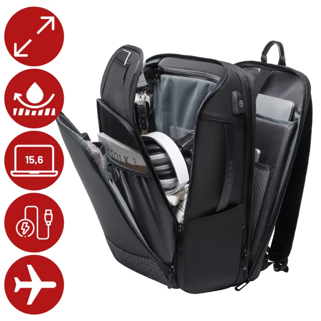 Bange Waterproof Backpack for Laptop 15.6" City Travel 45x30x16 cm for Work Airplane Men's Women's with USB Port Black