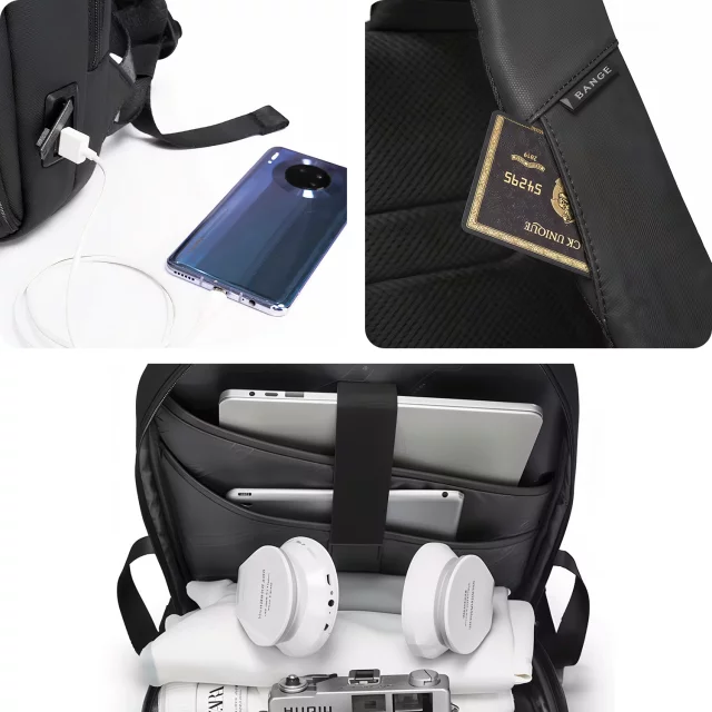 Bange Waterproof Backpack Laptop Bag 15.6" Travel Accessories 48x30x12.5 cm for Work School Plane Men's Women's USB and USB-C Black