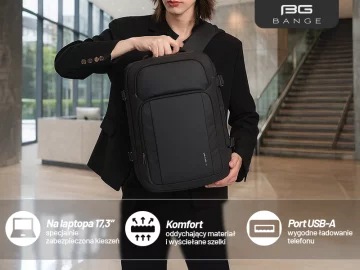 Bange Waterproof Backpack for Laptop 15.6" City Travel 45x30x16 cm for Work Airplane Men's Women's with USB Port Black