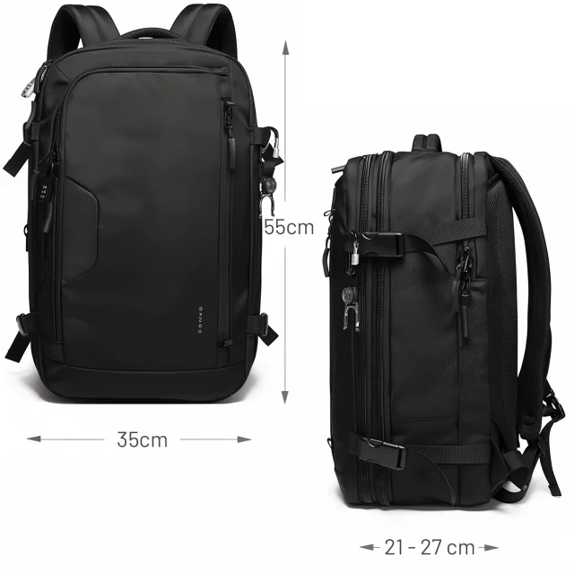 Bange Waterproof Backpack for Laptop 15.6" City Travel Expandable 55 x 35 x 21-27 cm for Airplane Men's Women's Padlock Code Compass Bottle Holder Black