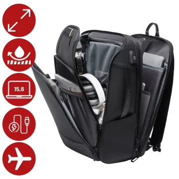 Wasserdichter Rucksack von Bange für Laptops bis 15,6 Zoll, ideal für Städtetrips, 49 x 31 x 18 cm, erweiterbar für Arbeit und Flugreisen, für Damen und Herren, mit USB-Anschluss, Schwarz